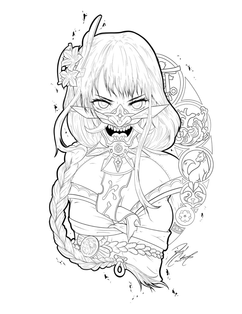 Line art portrait of fierce masked woman with braid and flowers
