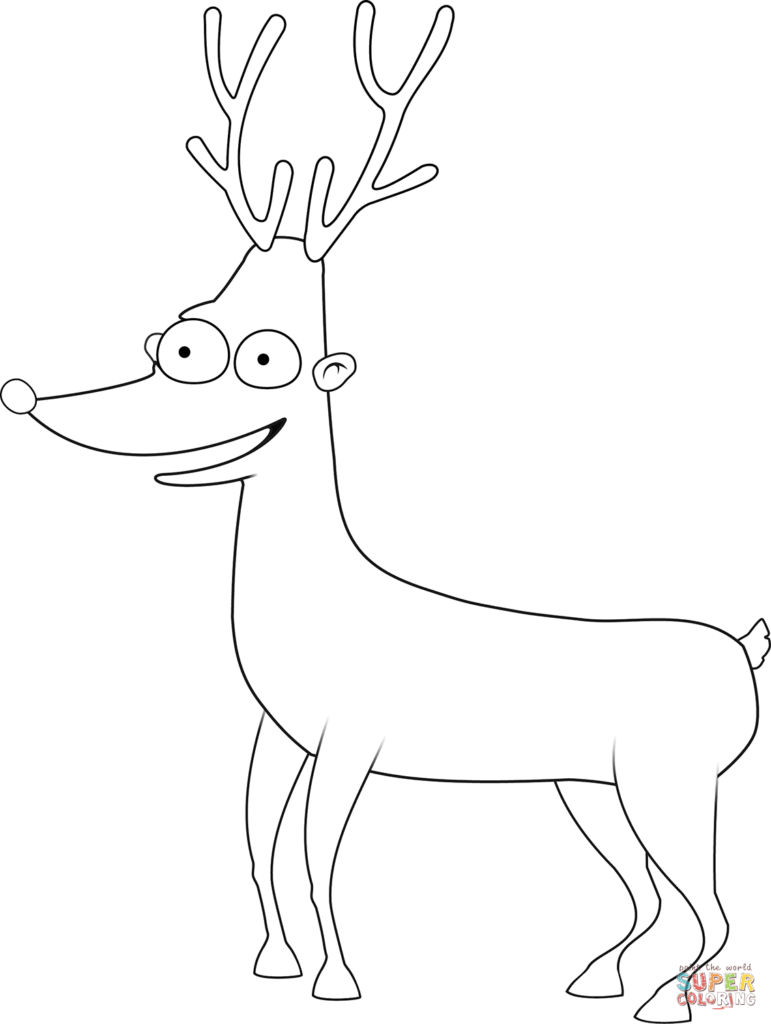 Cartoon reindeer line drawing on white background