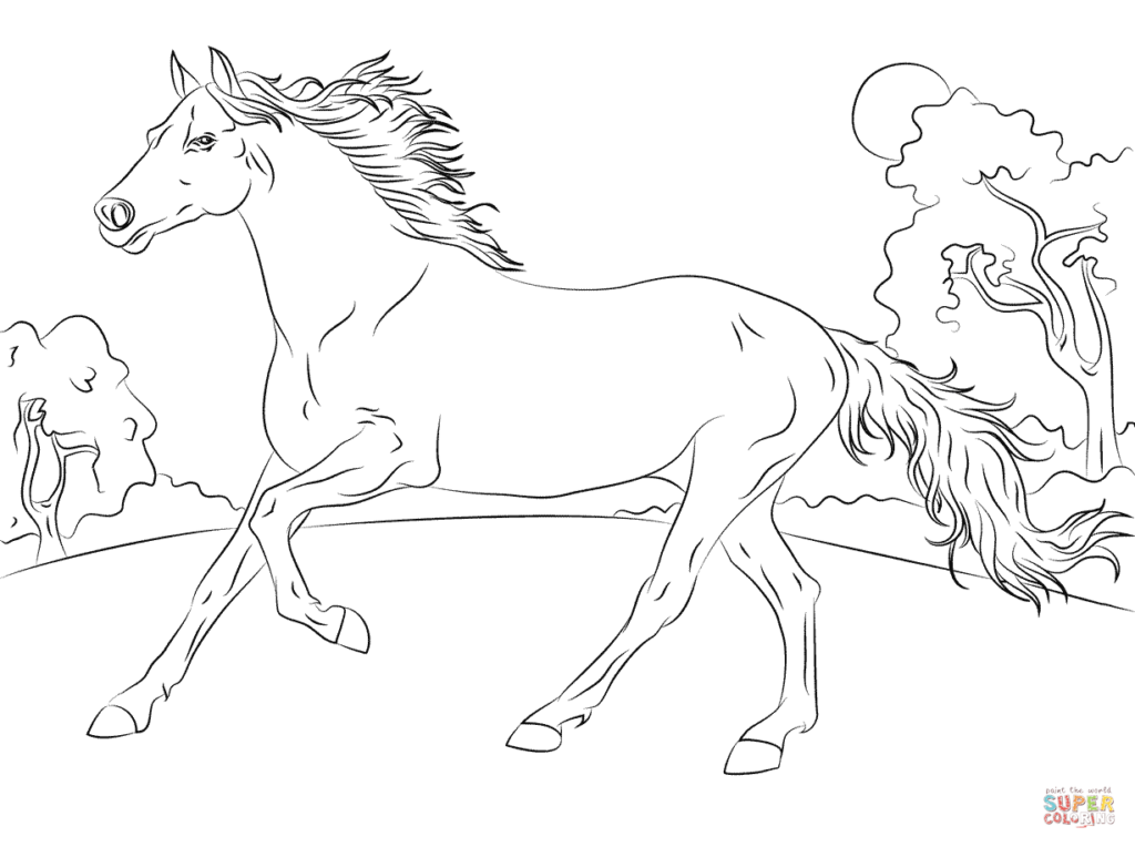 Black line drawing of a galloping horse outdoors