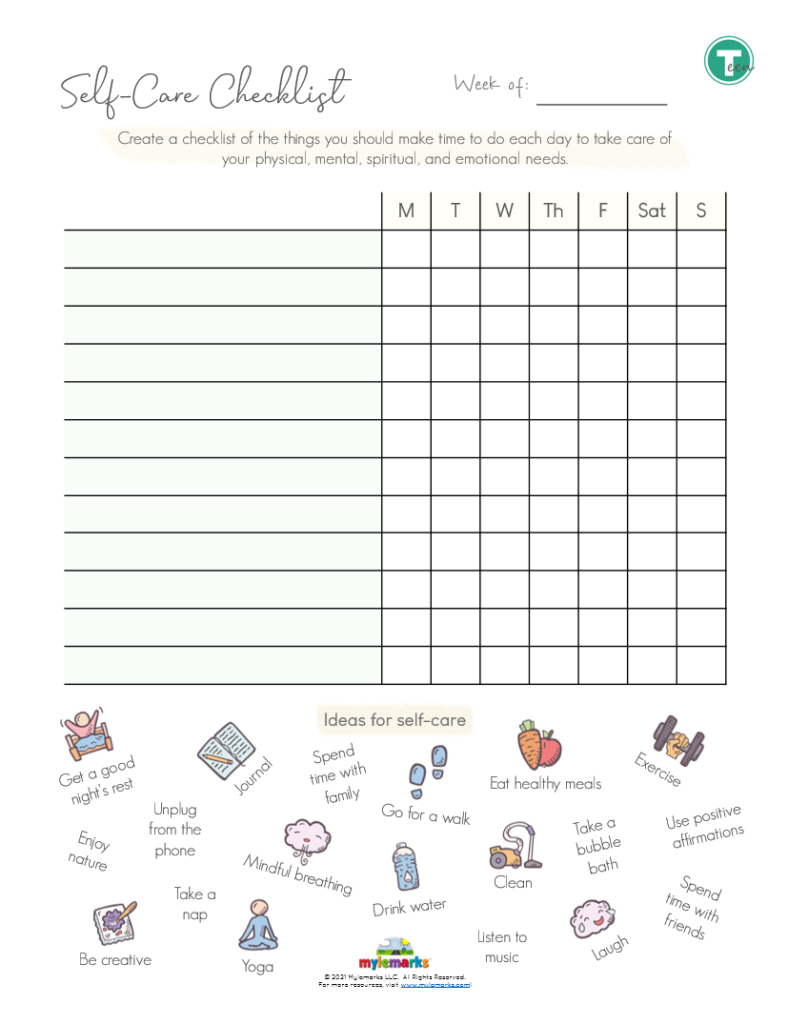 Self-care checklist worksheet with weekly grid and icons