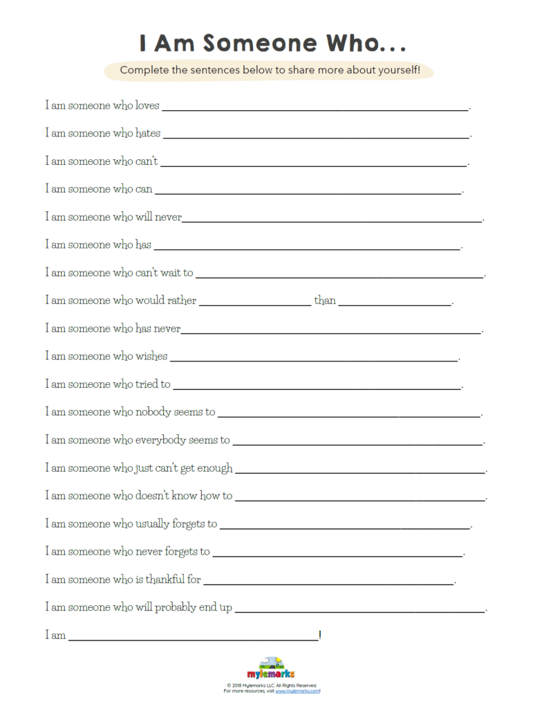 Printable "I Am Someone Who" worksheet page