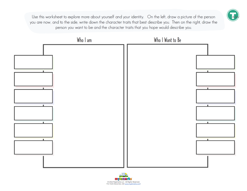 Blank identity worksheet with two large labeled boxes and side blanks