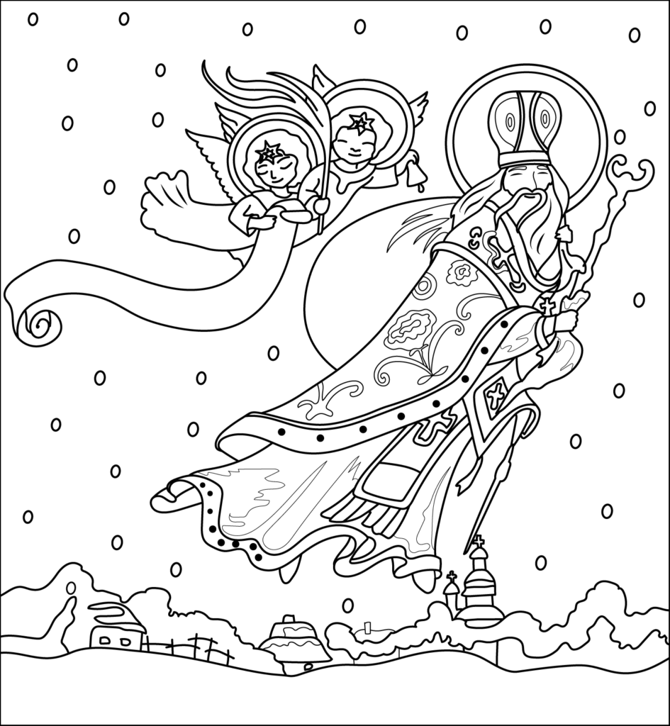 Angel carrying staff beside robed bishop over snowy village