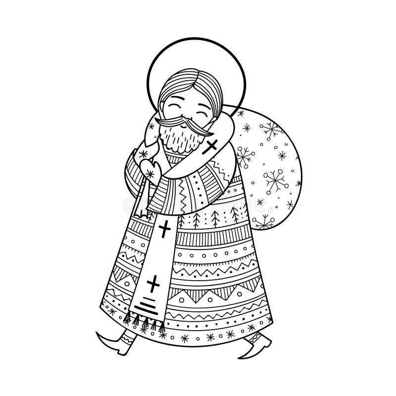 Black-and-white drawing of haloed saint holding staff and sack