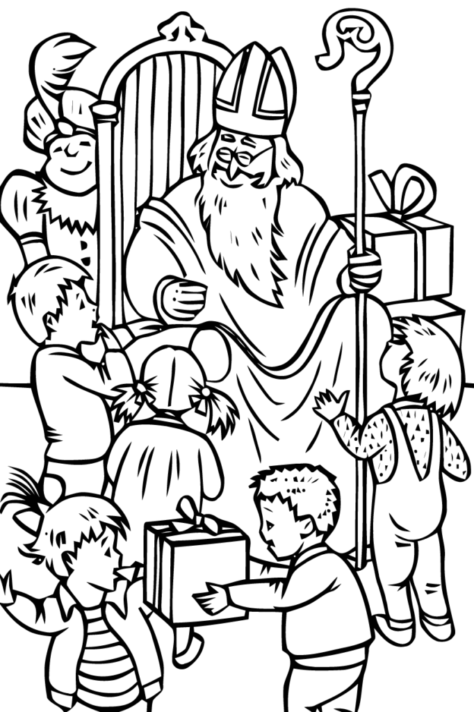 Saint Nicholas seated with children and gifts, black-and-white drawing