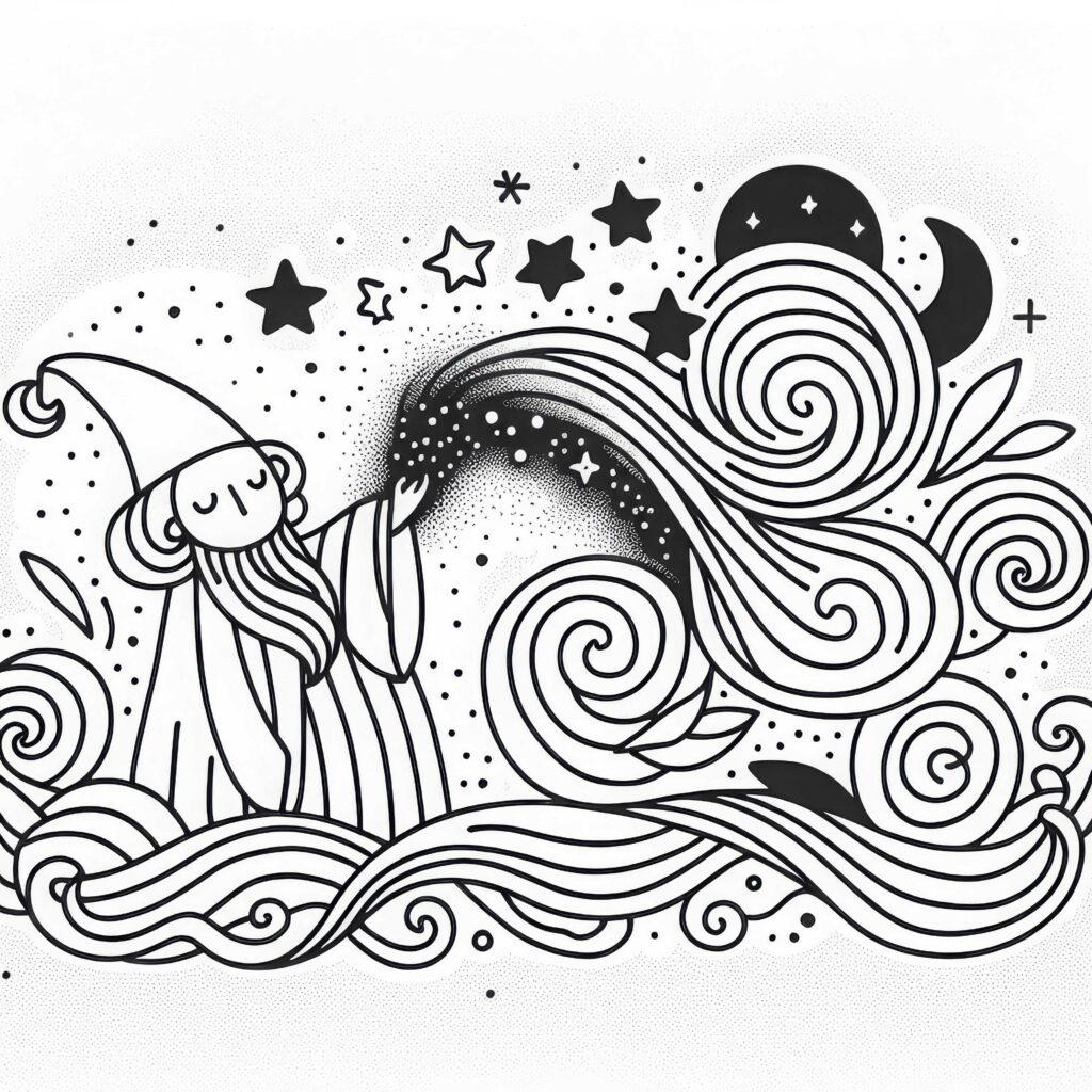 Wizard with flowing hair beneath stars and swirls