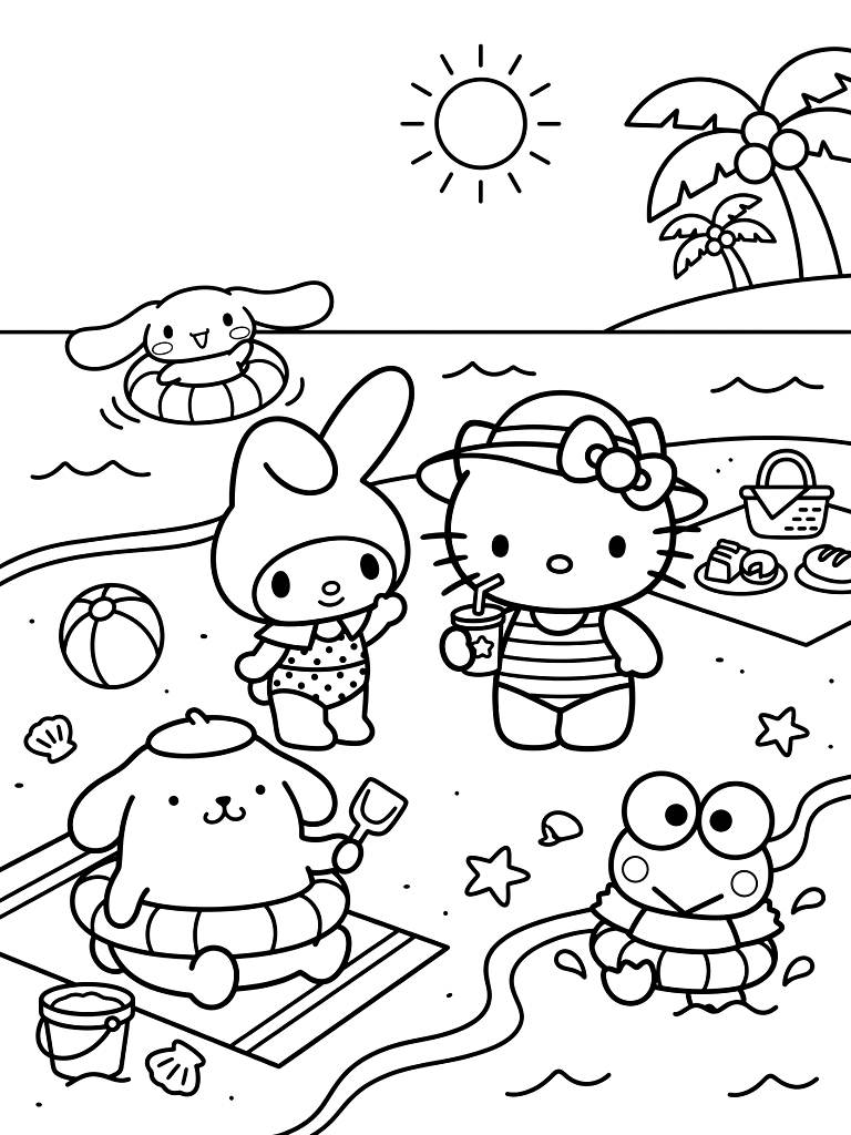 Cartoon animals enjoy sunny beach with sea and shells
