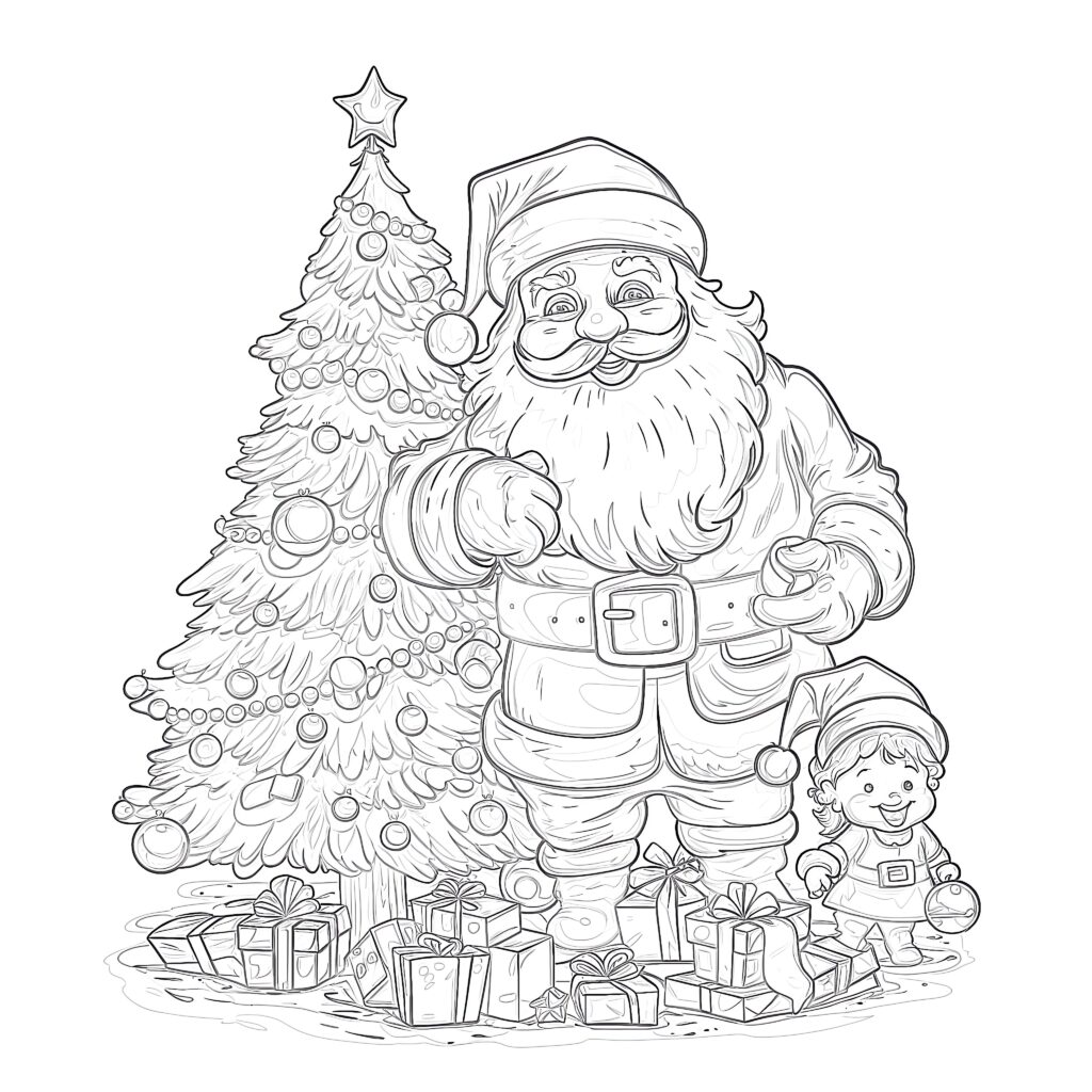 Santa beside decorated Christmas tree and gifts