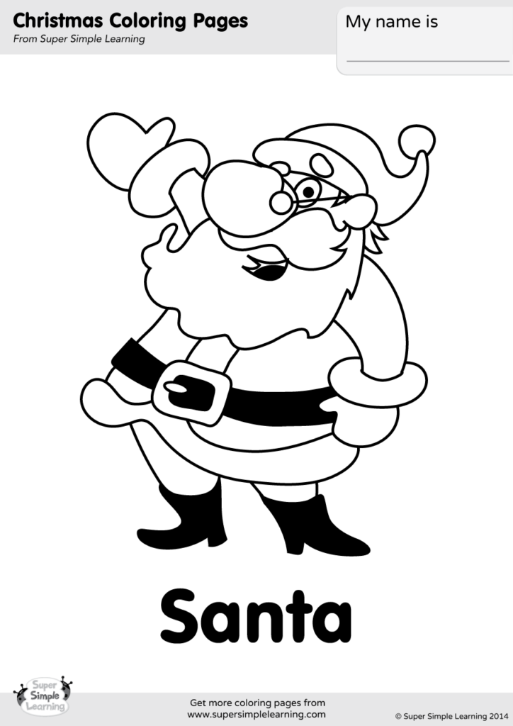 Black-and-white Santa coloring page with title text