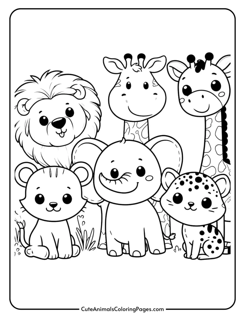 Cartoon lion, giraffe, giraffe, bear, elephant, leopard