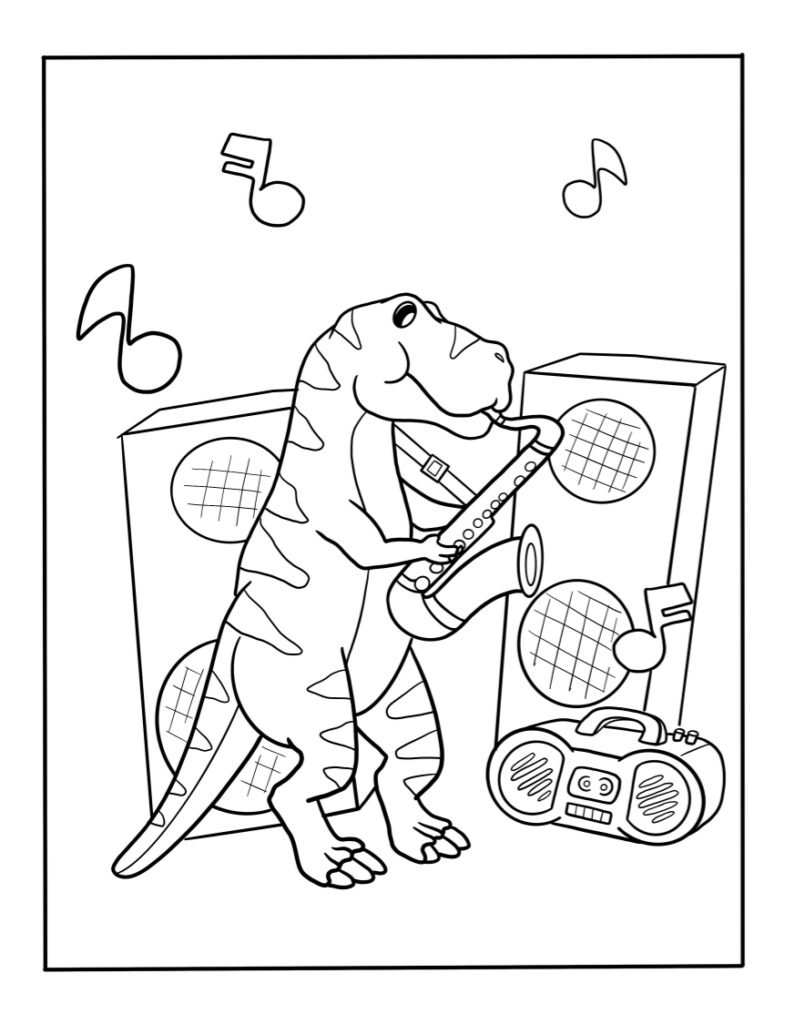 Cartoon dinosaur playing saxophone beside speakers and boombox