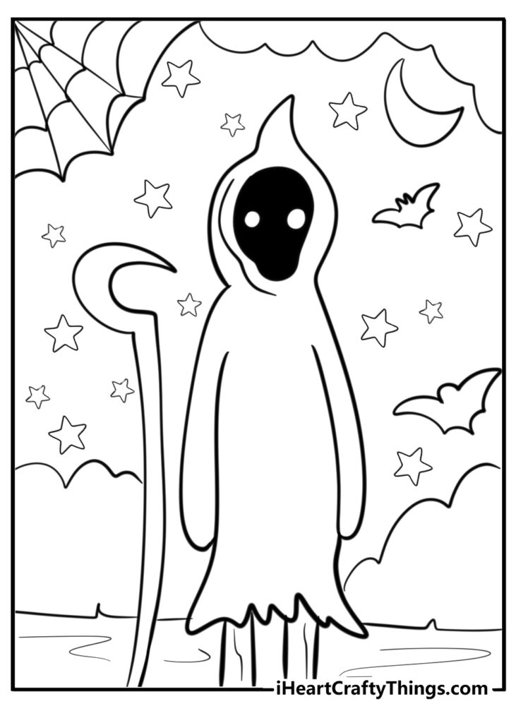 Cartoon ghost with stars, moon, bats, and spiderweb