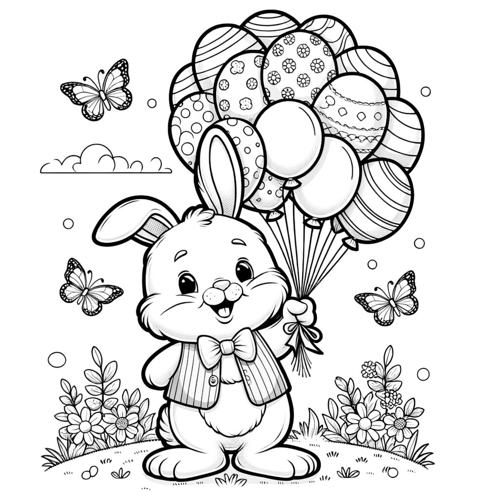 Cartoon bunny holding balloon bouquet with butterflies and flowers