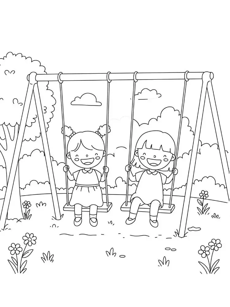 Two smiling children on swings in a park