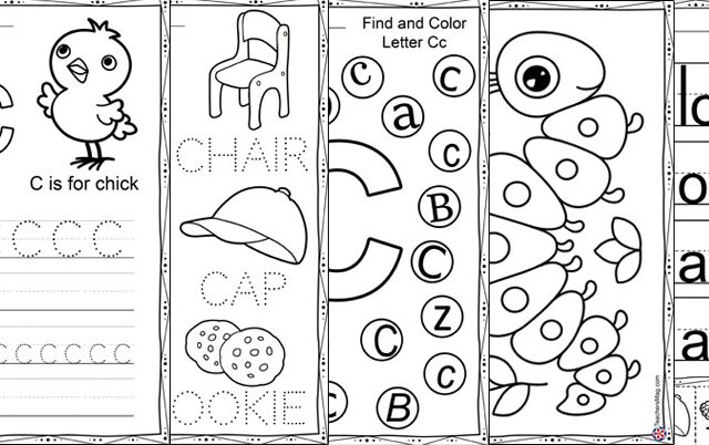Alphabet worksheet pages with C letter tracing exercises