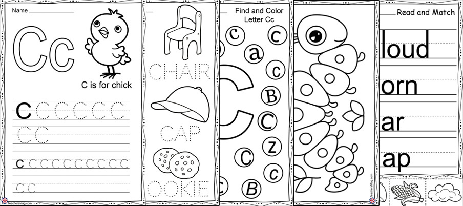 Alphabet worksheet pages with C letter tracing exercises