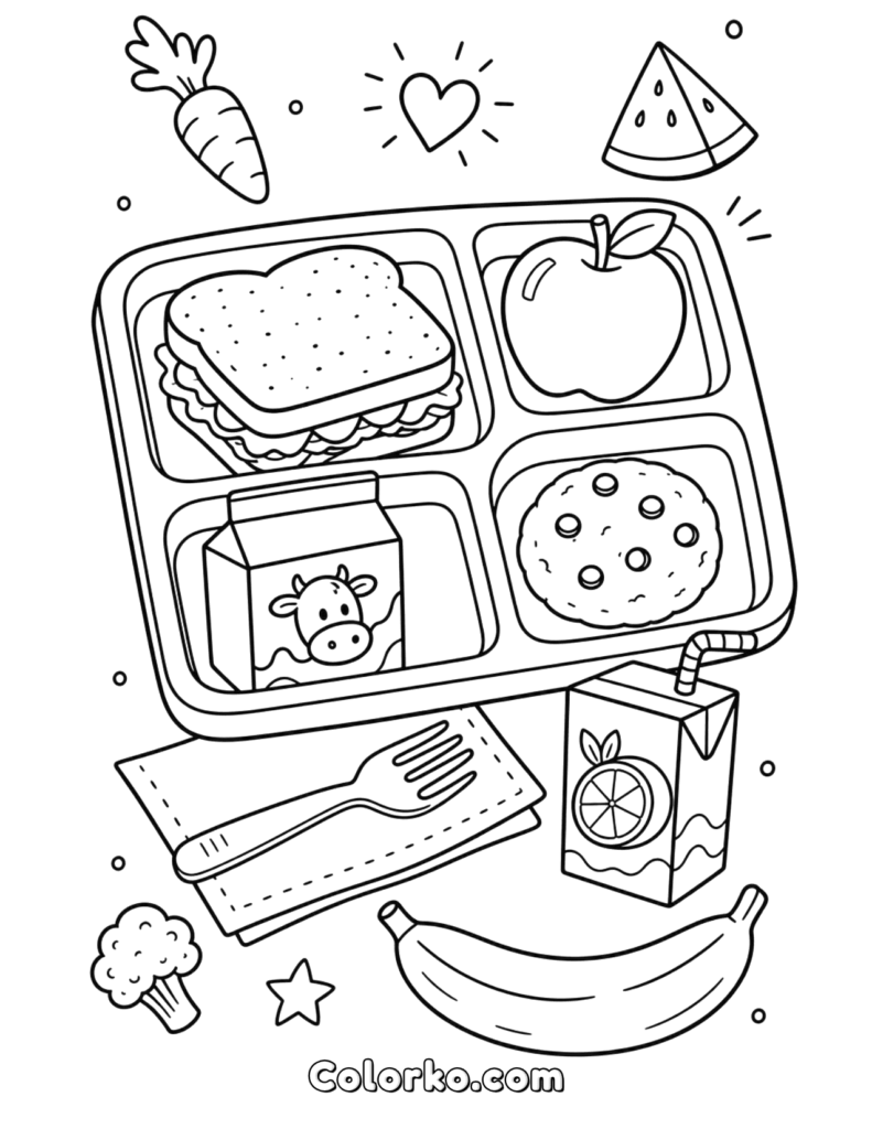 Black-and-white lunchbox with assorted food items and fruit icons