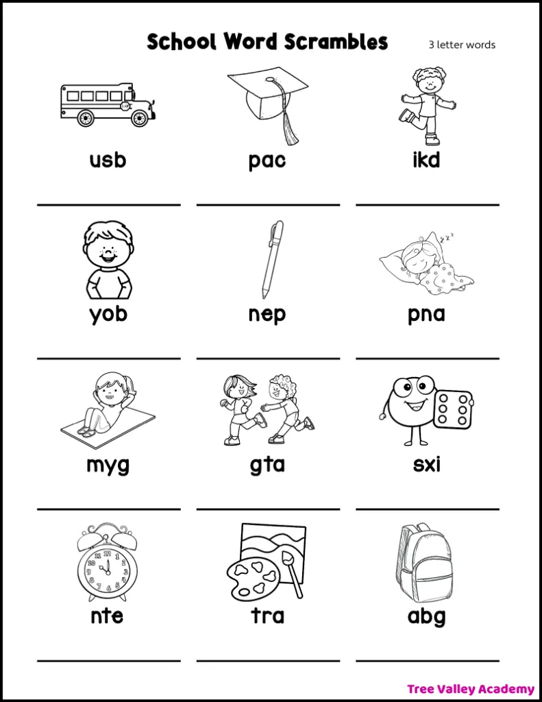 School word scramble worksheet with pictures and letters