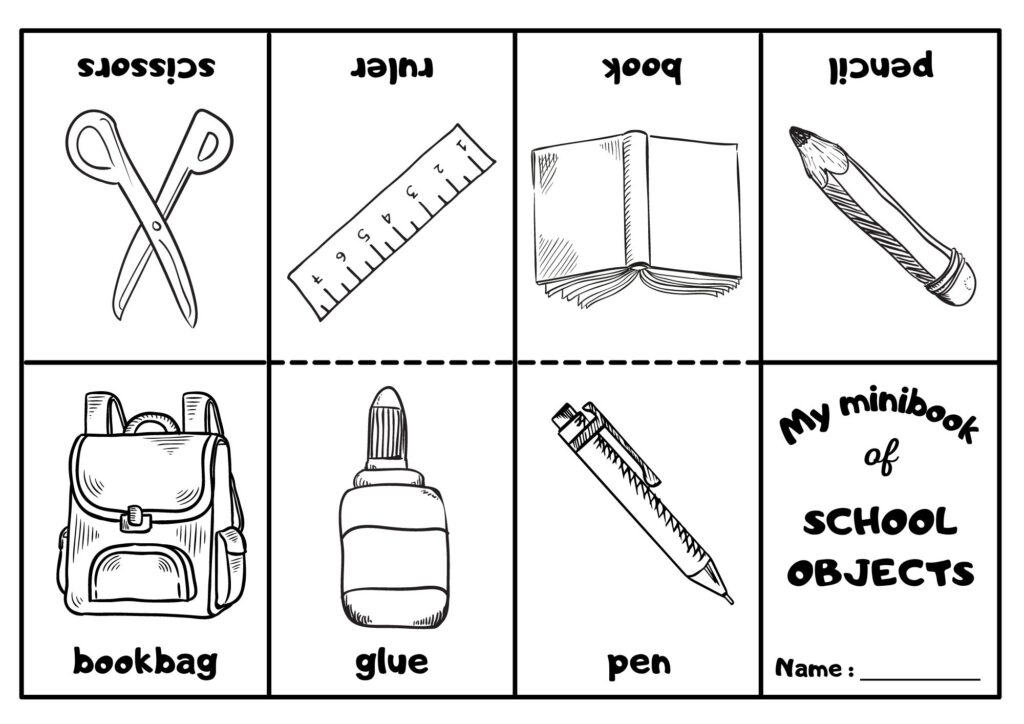 School objects worksheet with drawings and labels