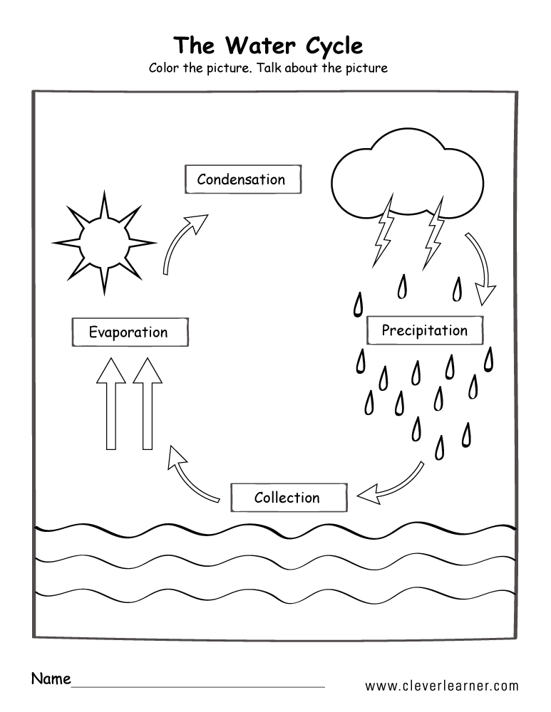 Water cycle worksheet with labeled diagrams and arrows