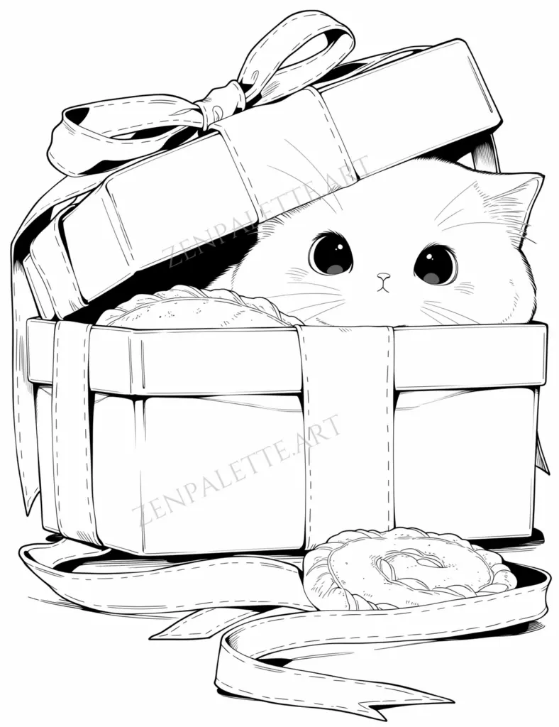 Cute cat peeking from a ribbon-tied gift box