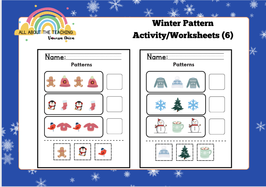 Winter pattern activity worksheets with snowflakes and icons