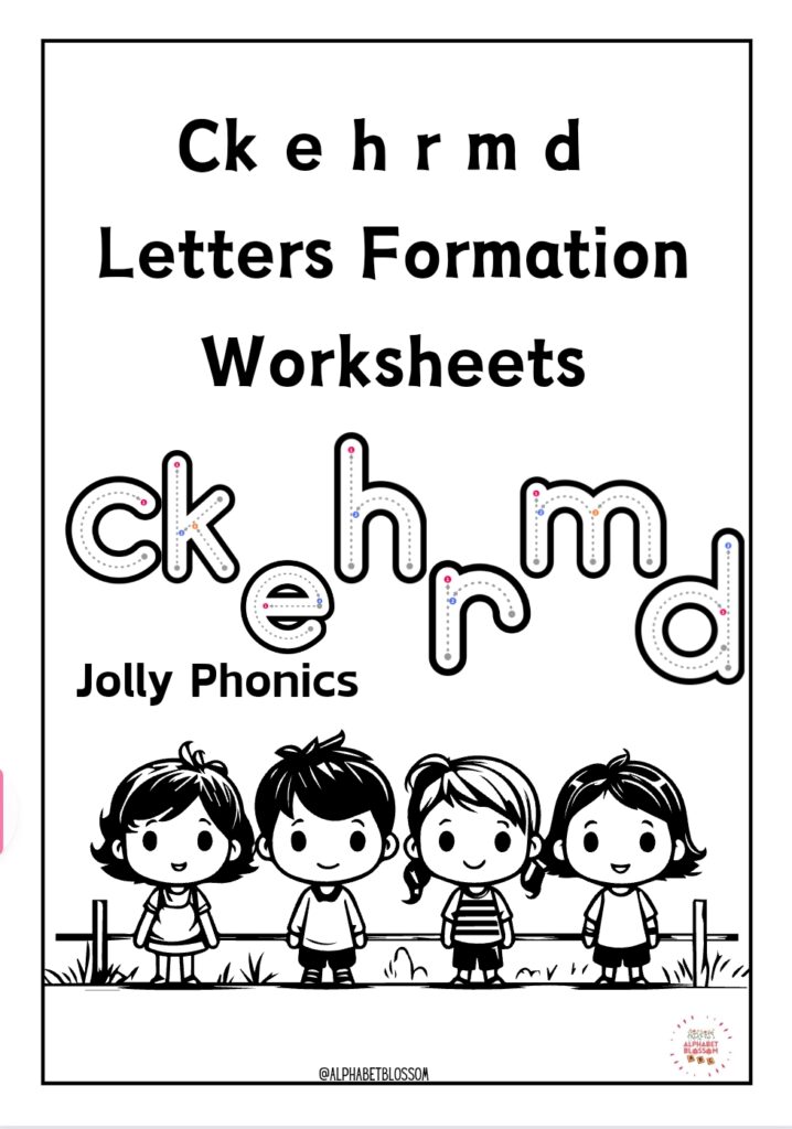 Poster displaying Letters Formation Worksheets with four cartoon children.