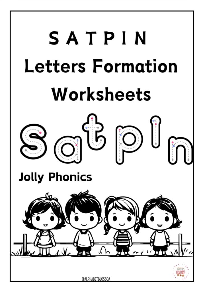 Poster titled SATPIN Letters Formation Worksheets with four cartoon children.