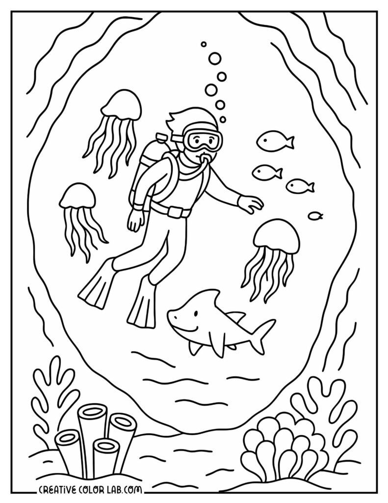 Cartoon diver swimming with fish and jellyfish underwater