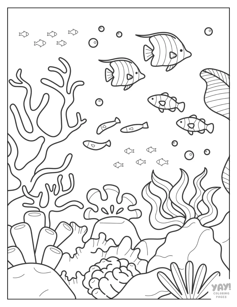 Underwater coral reef with fish and sea plants