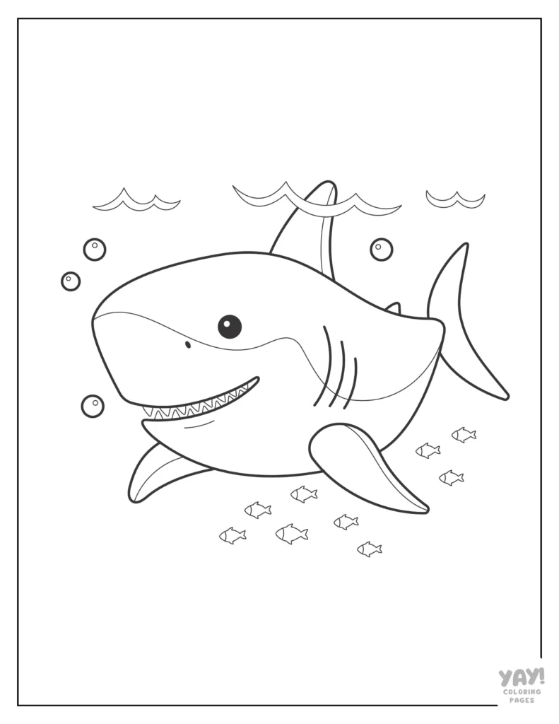 Cartoon shark underwater with bubbles and fish, coloring page