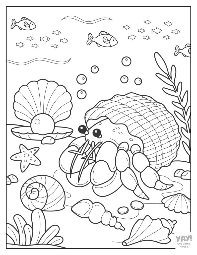 Underwater coloring page with crab, shells, fish, and seaweed