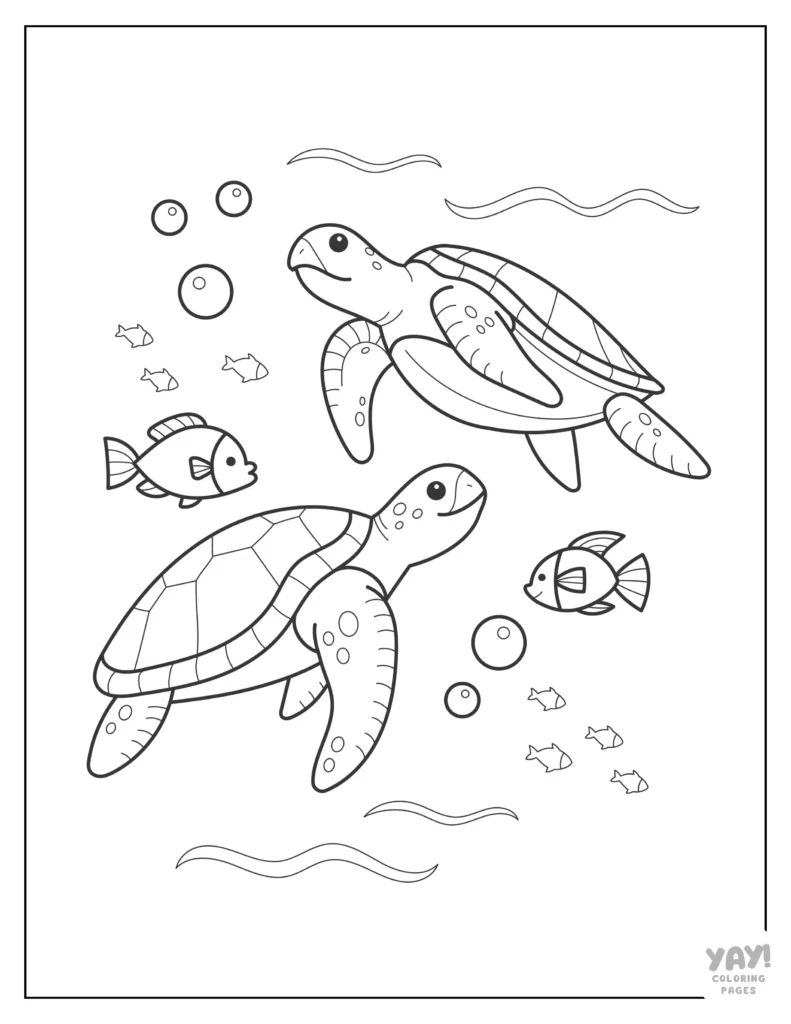 Sea turtles and fish in black-and-white coloring page