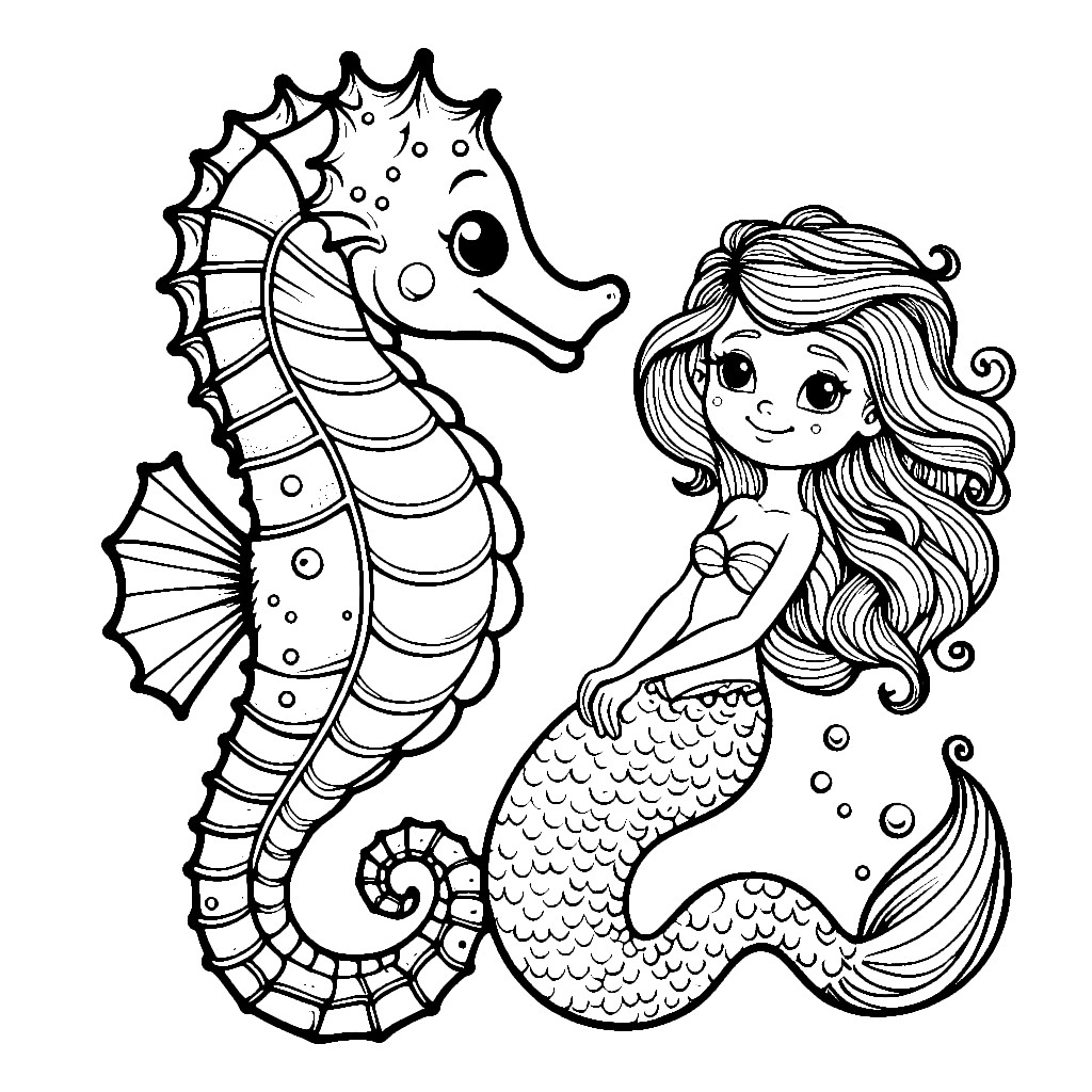 Cartoon mermaid girl beside a seahorse illustration