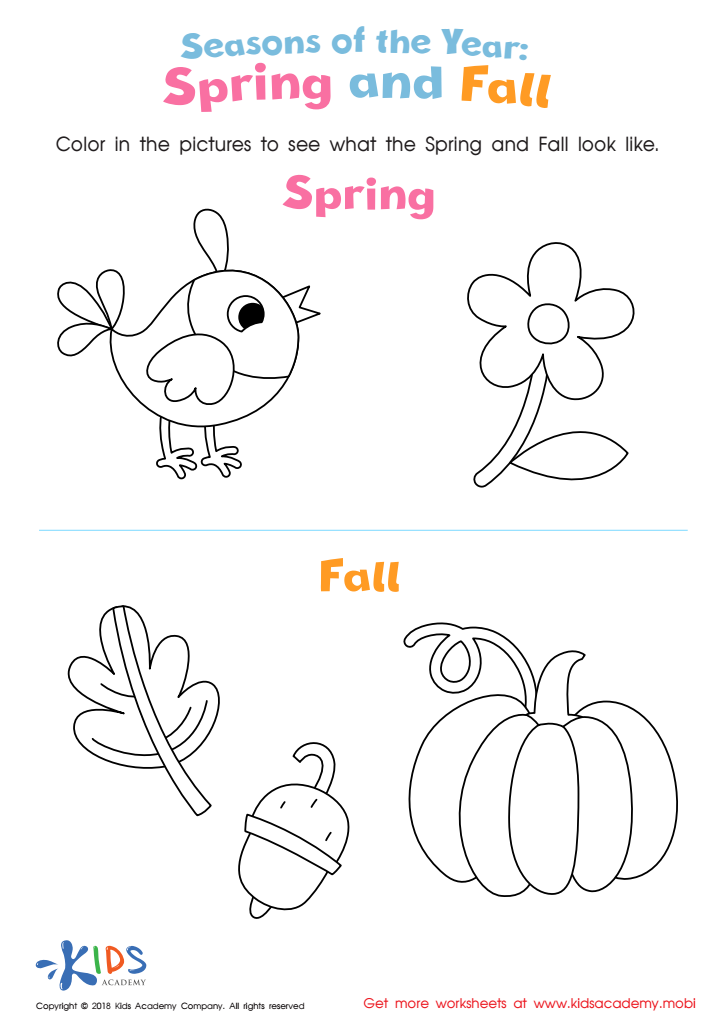 Spring and fall worksheet with bird, flower, leaf, pumpkin