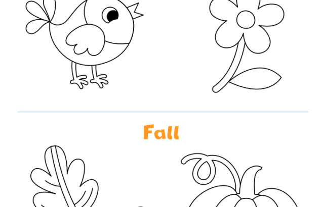 Spring and fall coloring worksheet with bird, flower, leaf, acorn, pumpkin
