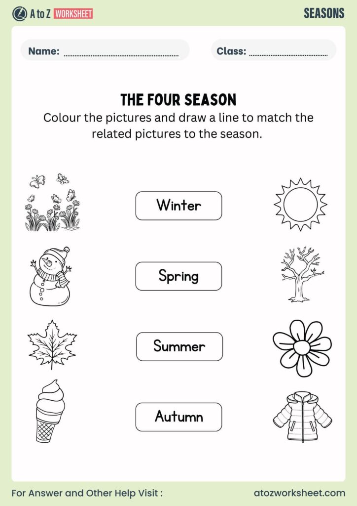 Season matching worksheet with seasonal pictures and labels