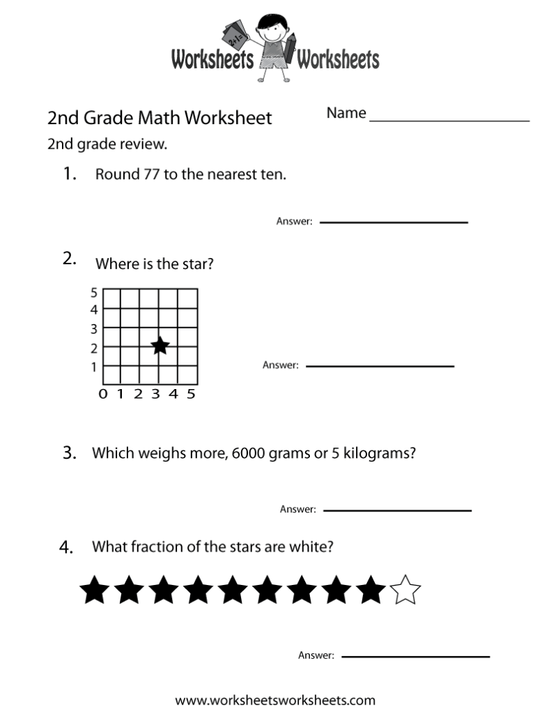 Second grade math worksheet with problems and stars