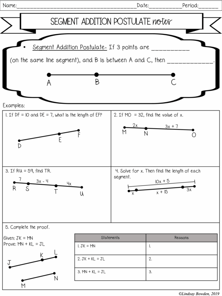 Geometry worksheet with segment addition postulate notes and examples
