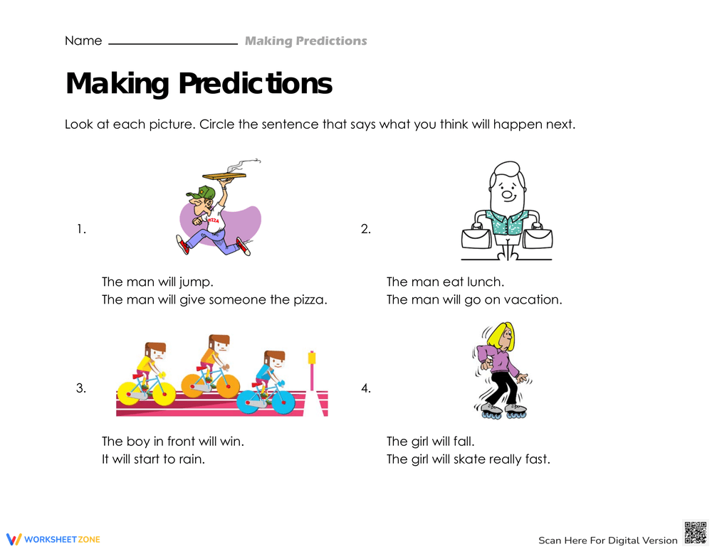 Making Predictions worksheet with four cartoon pictures