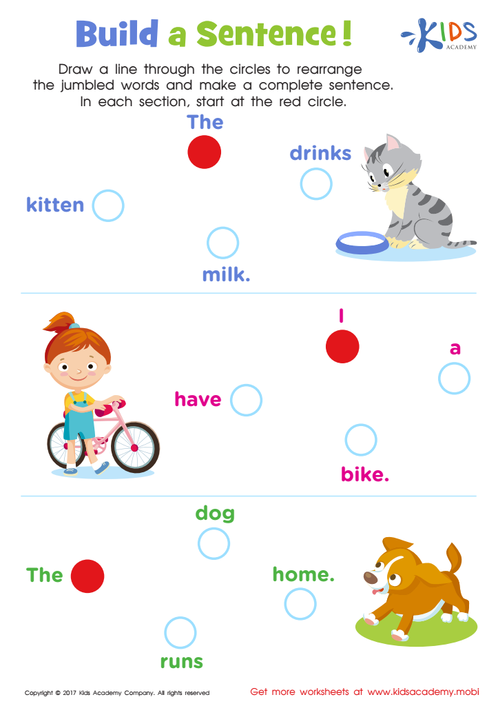 Sentence-building worksheet with cat, child, and dog illustrations