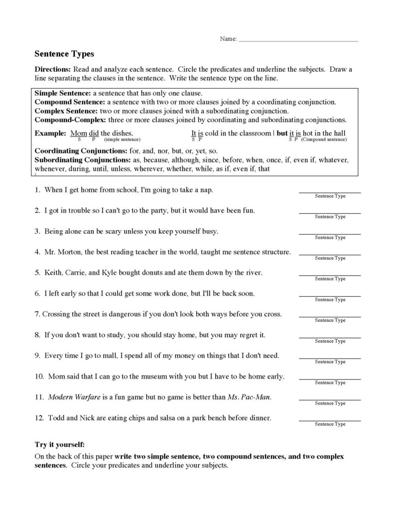 Sentence types grammar worksheet with numbered exercises