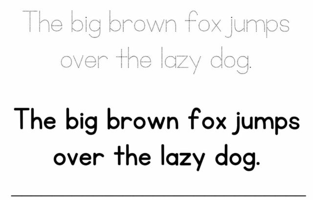 Sentence writing worksheet with traced fox sentence