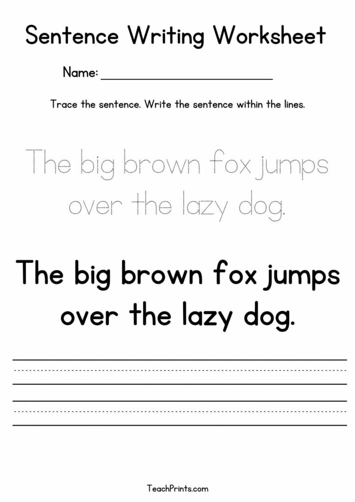 Sentence writing worksheet with traced fox sentence