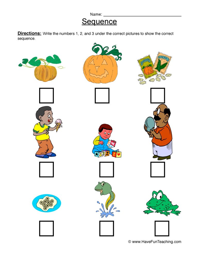 Worksheet with pumpkins, children, frog, and sequence boxes