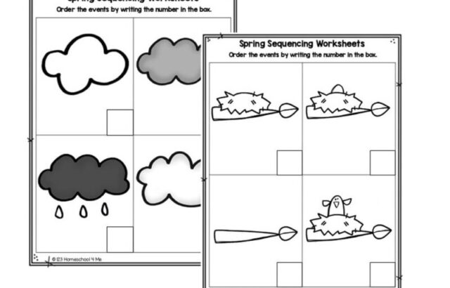Two spring sequencing worksheets with cloud and bird images