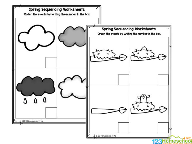 Two spring sequencing worksheets with cloud and bird images