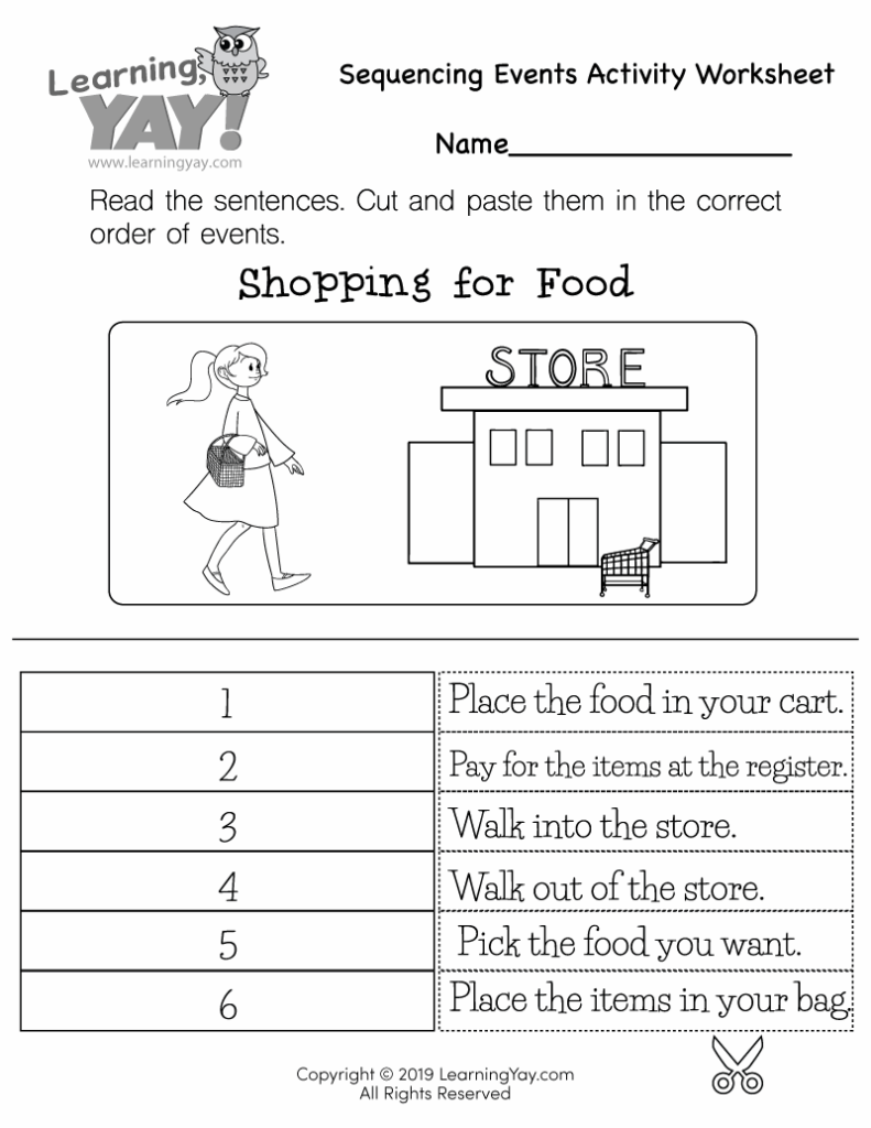 Shopping sequencing worksheet with girl and store illustration