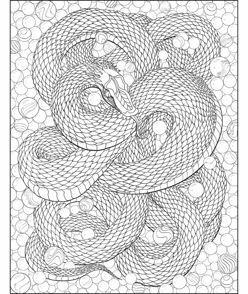 Coiled snake surrounded by many patterned circles