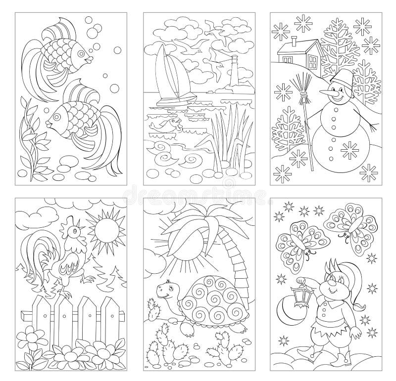 Six black-and-white nature coloring pages collage